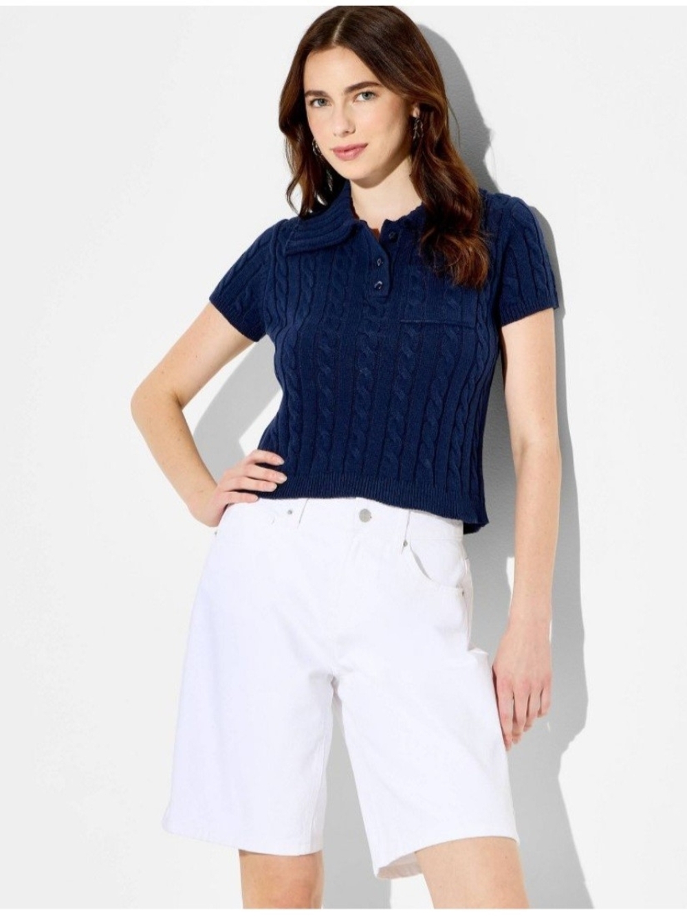 wild fable Navy Cable-Knit Cropped Polo Top